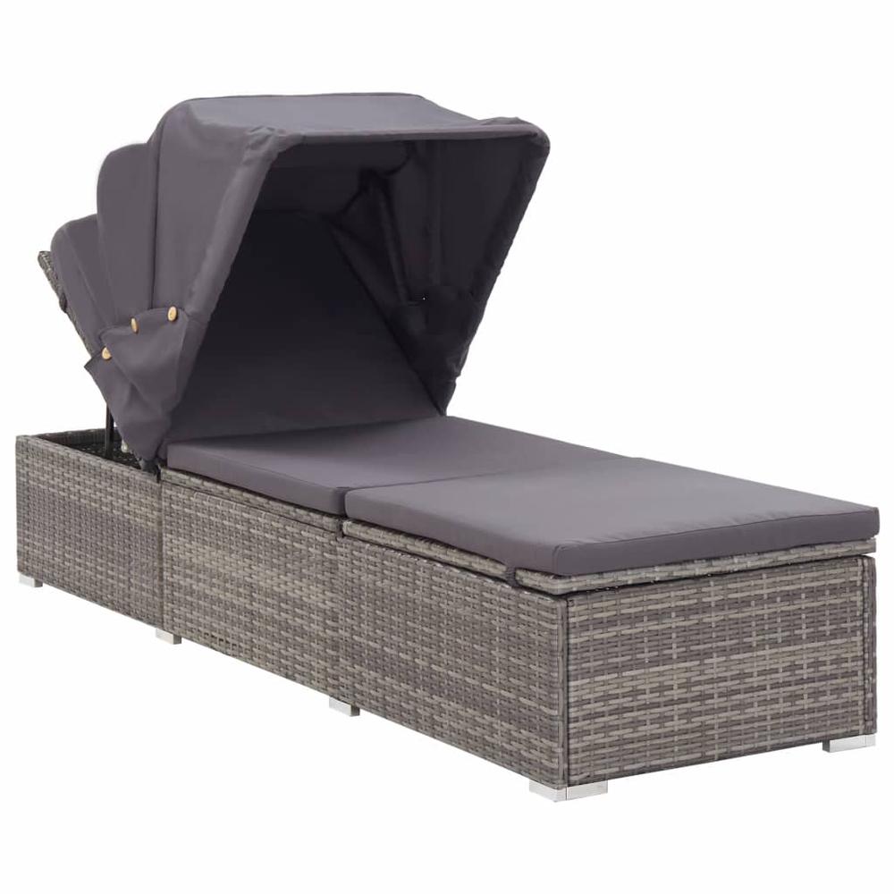 vidaXL Sun Lounger with Canopy and Cushion Poly Rattan Gray, 46248. Picture 2