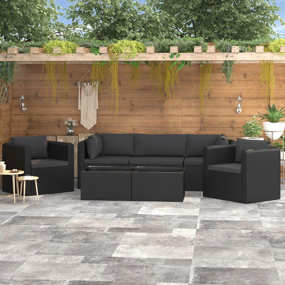 vidaXL 7 Piece Garden Lounge Set with Cushions Poly Rattan Black, 46553. Picture 1
