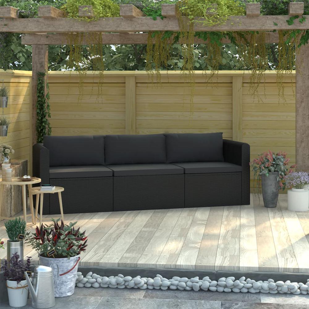 vidaXL 3 Piece Garden Sofa Set with Cushions Poly Rattan Black, 46557. Picture 1
