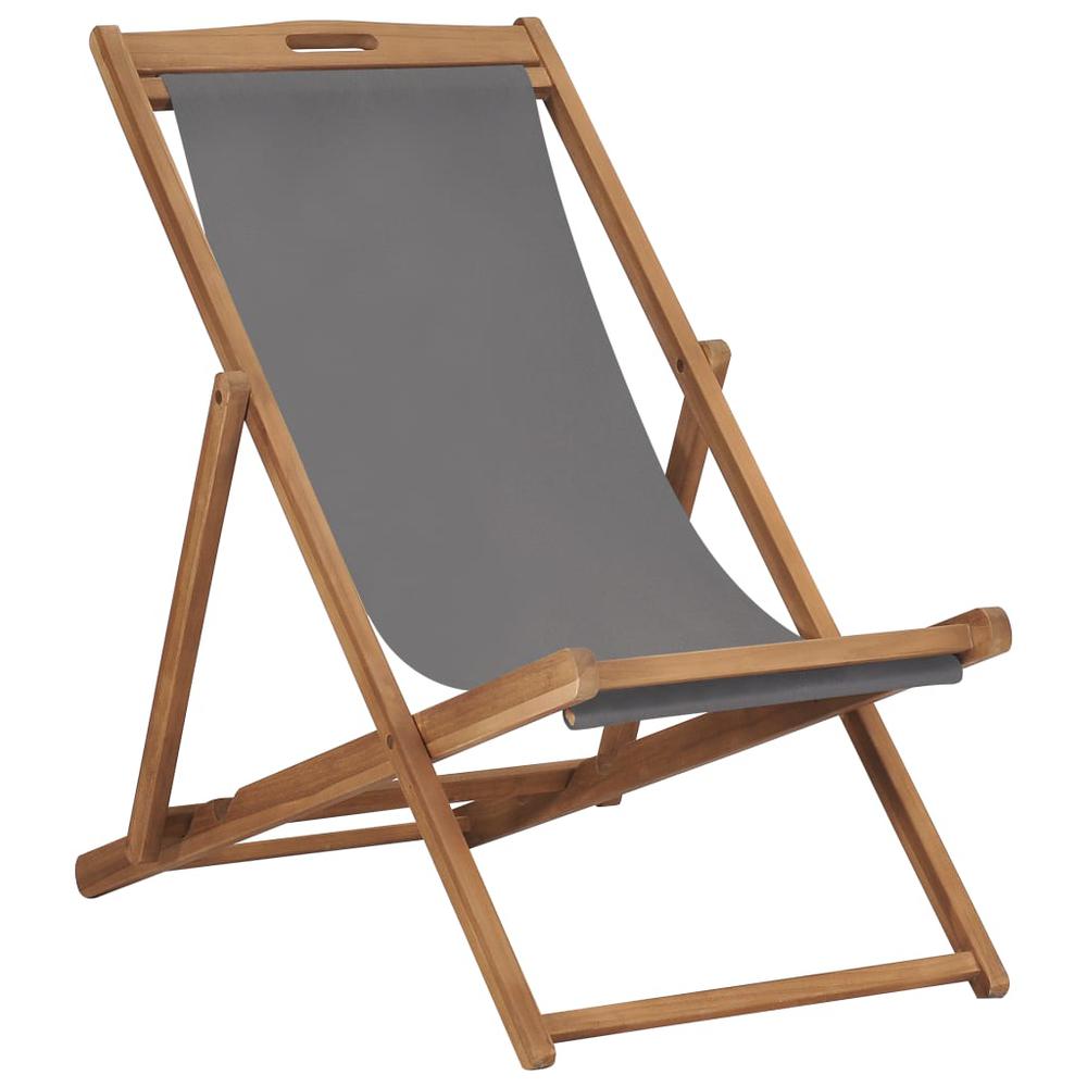 vidaXL Folding Beach Chair Solid Teak Wood Gray, 47415. Picture 1