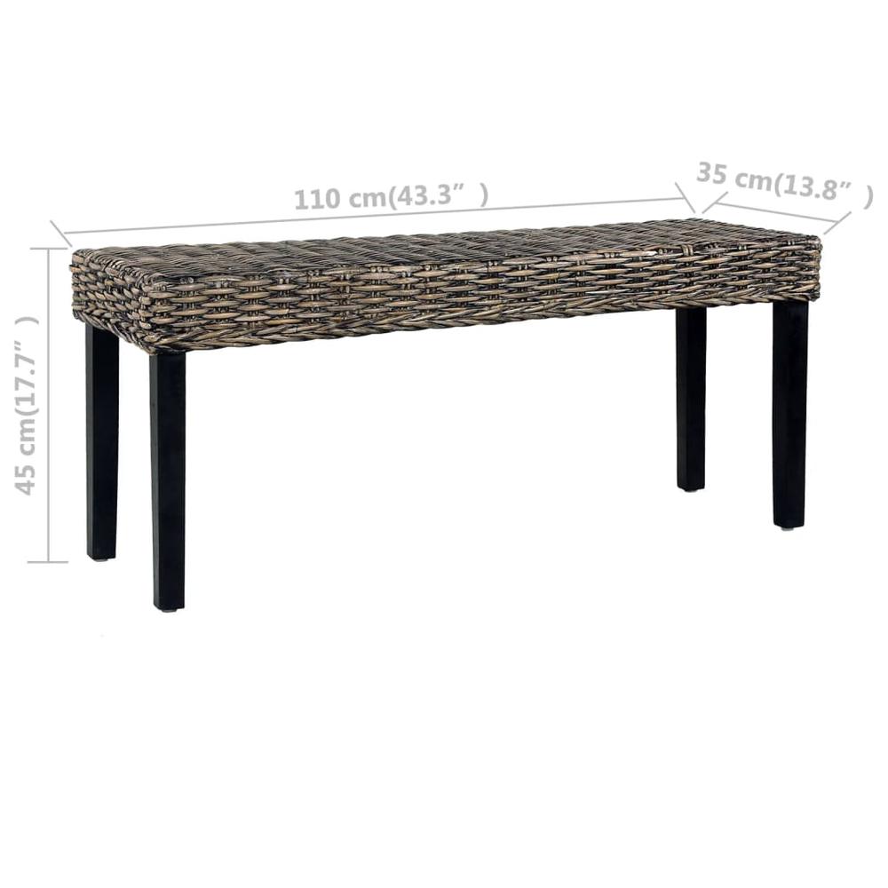 vidaXL Bench 43.3" Black Natural Kubu Rattan and Solid Mango Wood 5790. Picture 6