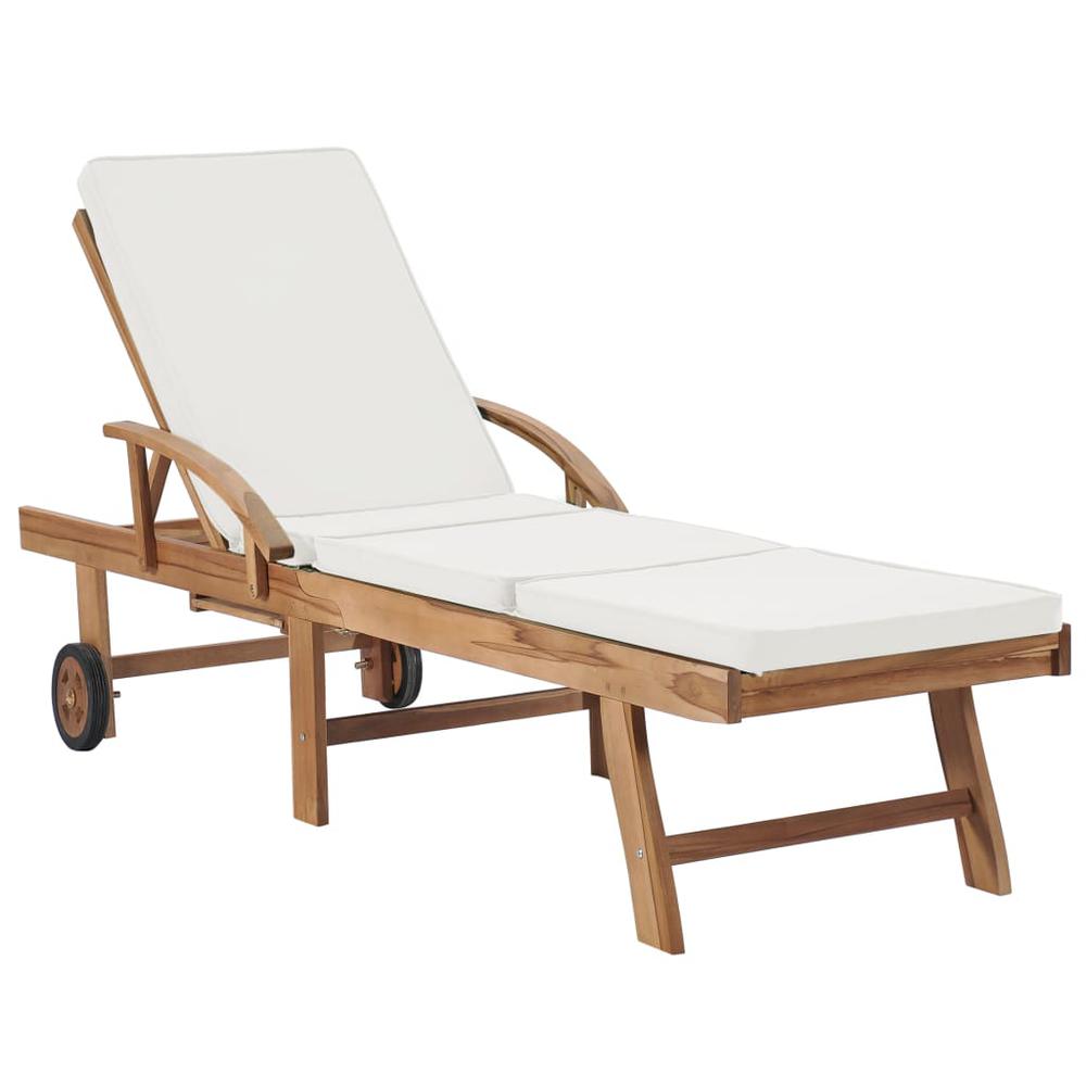 vidaXL Sun Lounger with Cushion Solid Teak Wood Cream, 48022. Picture 1