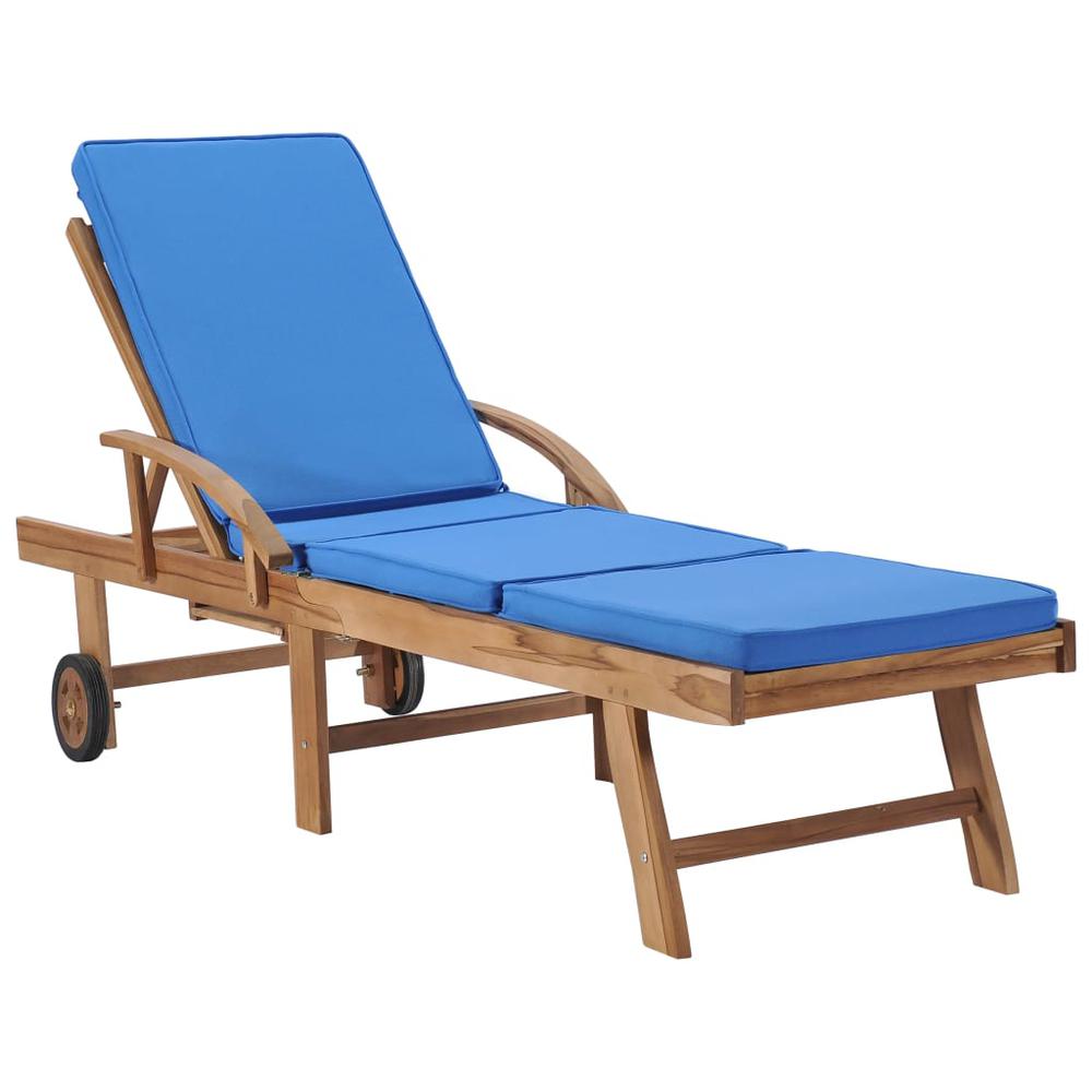 vidaXL Sun Lounger with Cushion Solid Teak Wood Blue, 48025. Picture 1