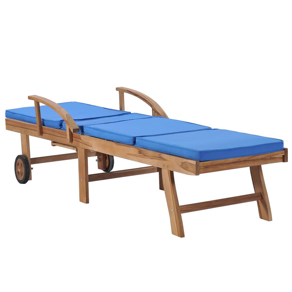 vidaXL Sun Lounger with Cushion Solid Teak Wood Blue, 48025. Picture 5