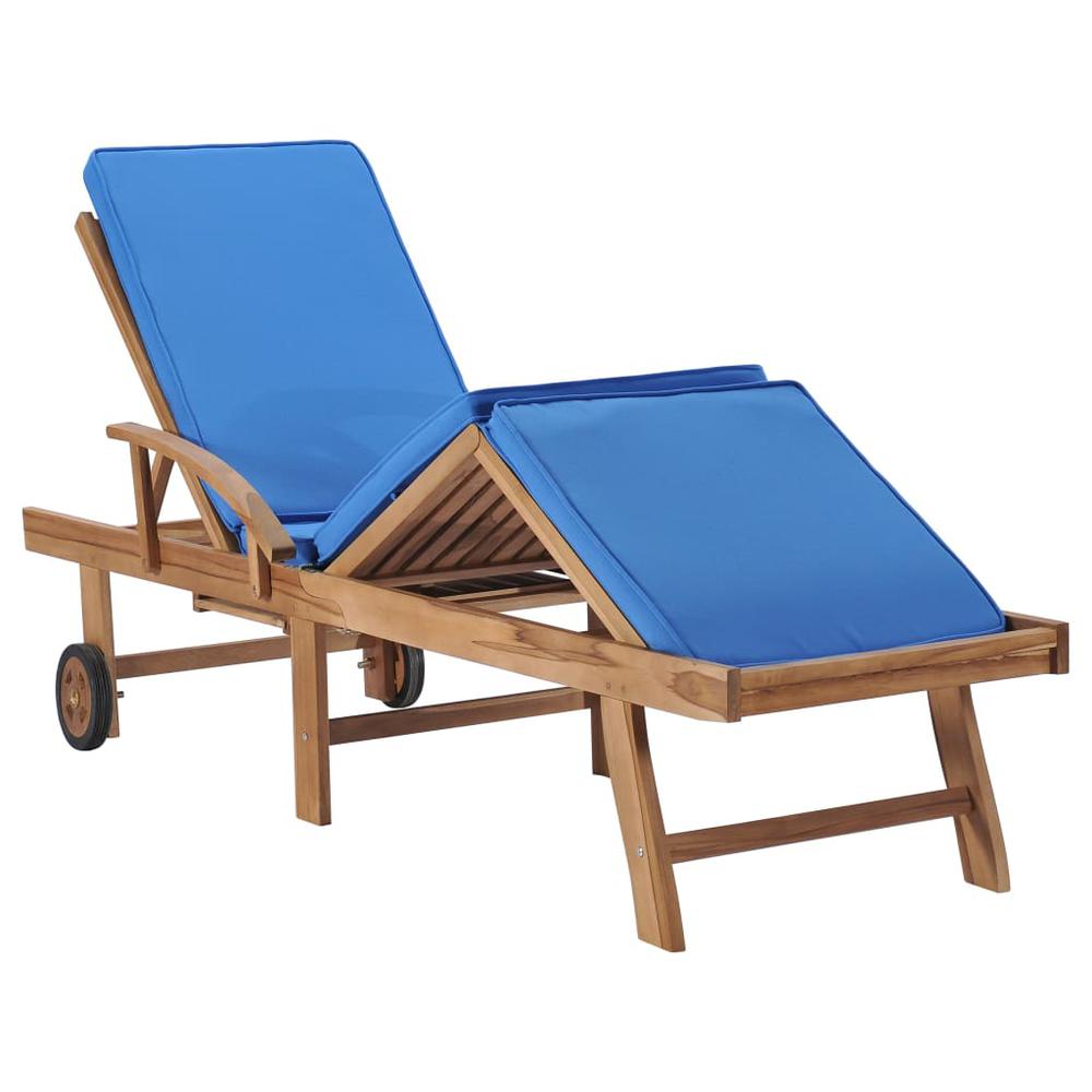 vidaXL Sun Lounger with Cushion Solid Teak Wood Blue, 48025. Picture 6