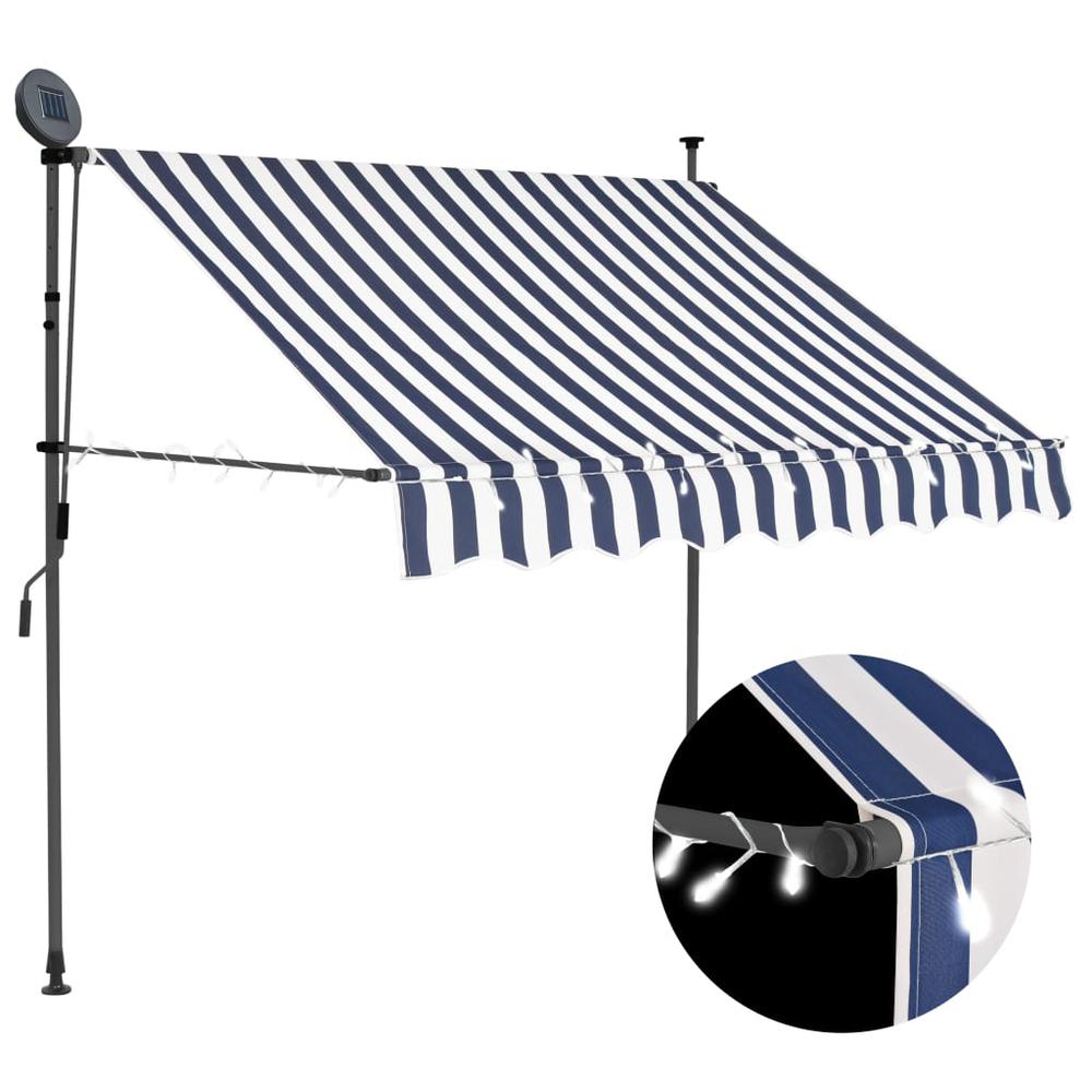 vidaXL Manual Retractable Awning with LED 59.1" Blue and White, 145842. Picture 1
