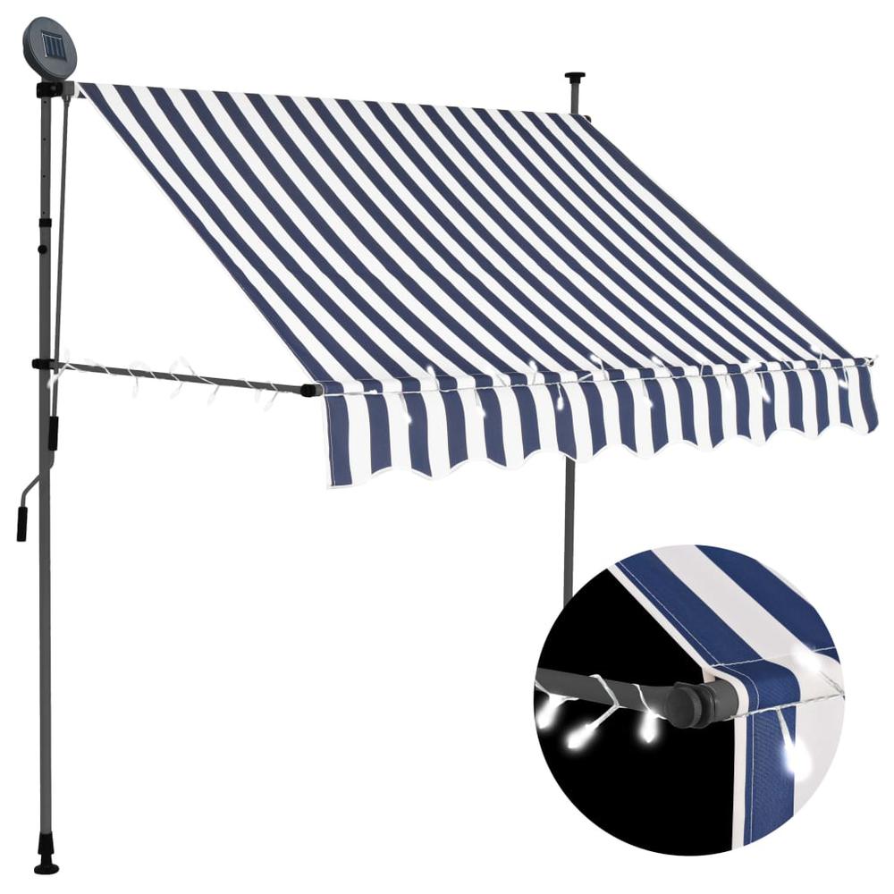 vidaXL Manual Retractable Awning with LED 78.7" Blue and White, 145843. Picture 1
