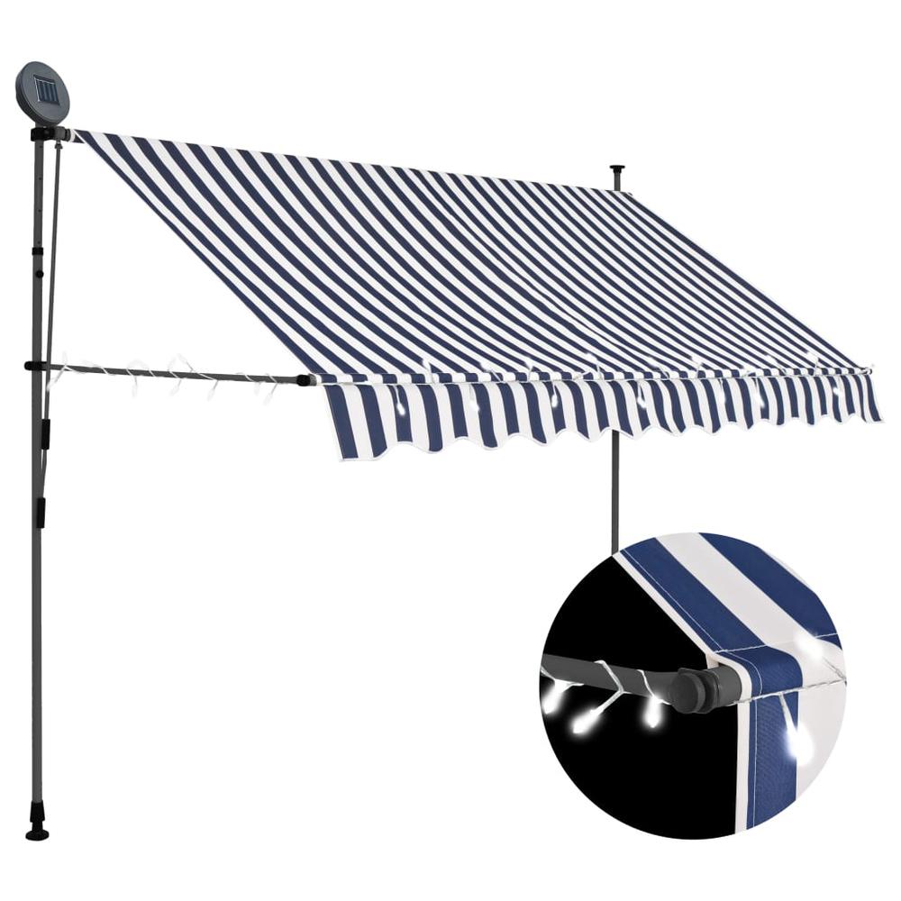 vidaXL Manual Retractable Awning with LED 98.4" Blue and White, 145844. Picture 1