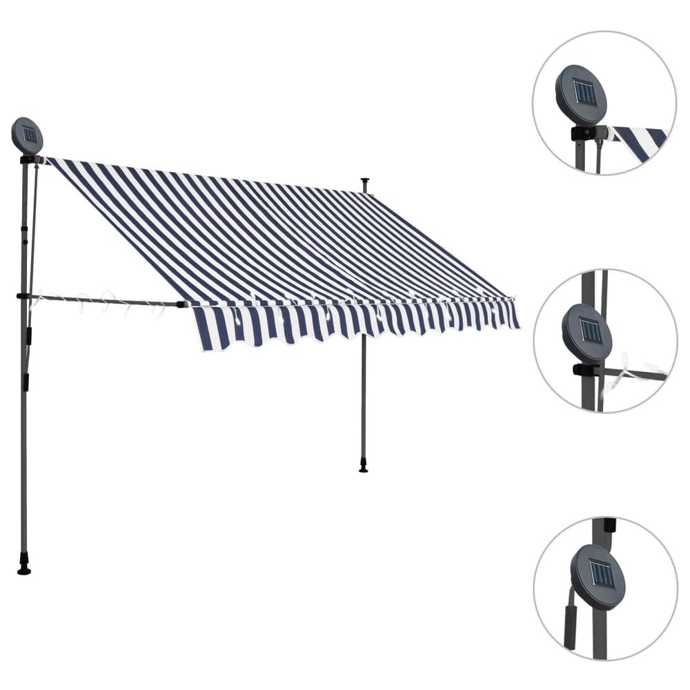 vidaXL Manual Retractable Awning with LED 98.4" Blue and White, 145844. Picture 3