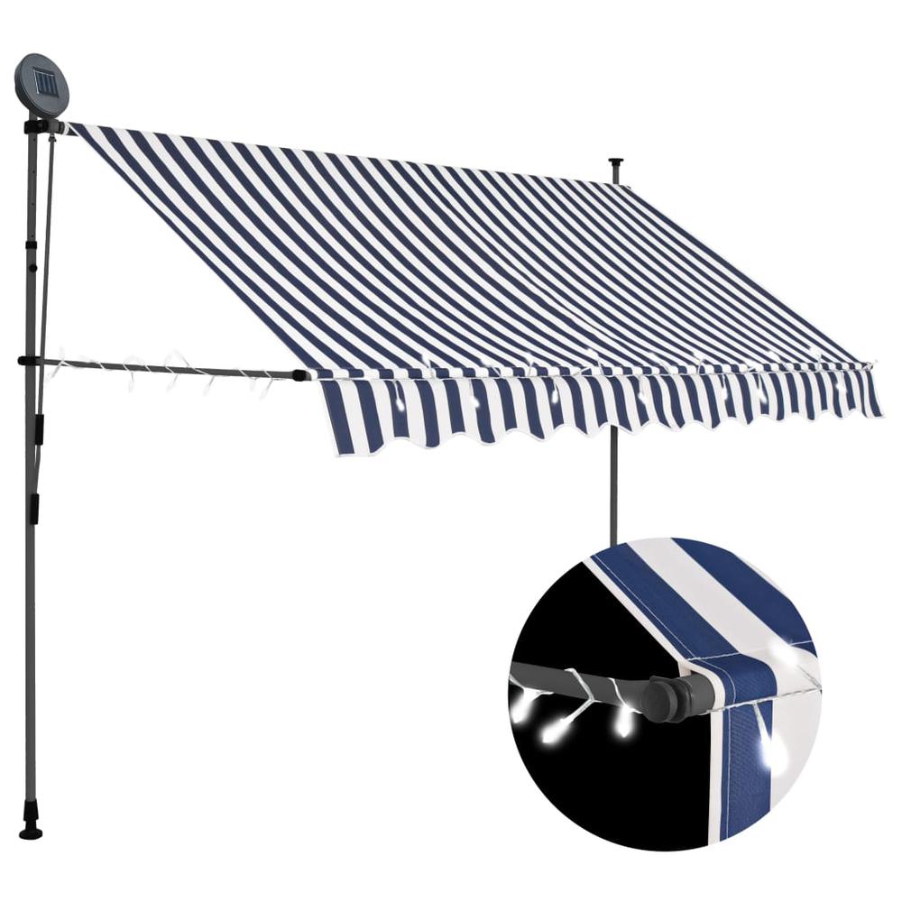vidaXL Manual Retractable Awning with LED 118.1" Blue and White, 145845. Picture 1