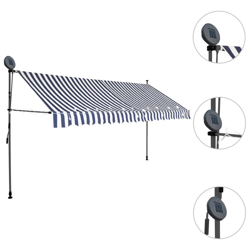 vidaXL Manual Retractable Awning with LED 137.8" Blue and White, 145846. Picture 3