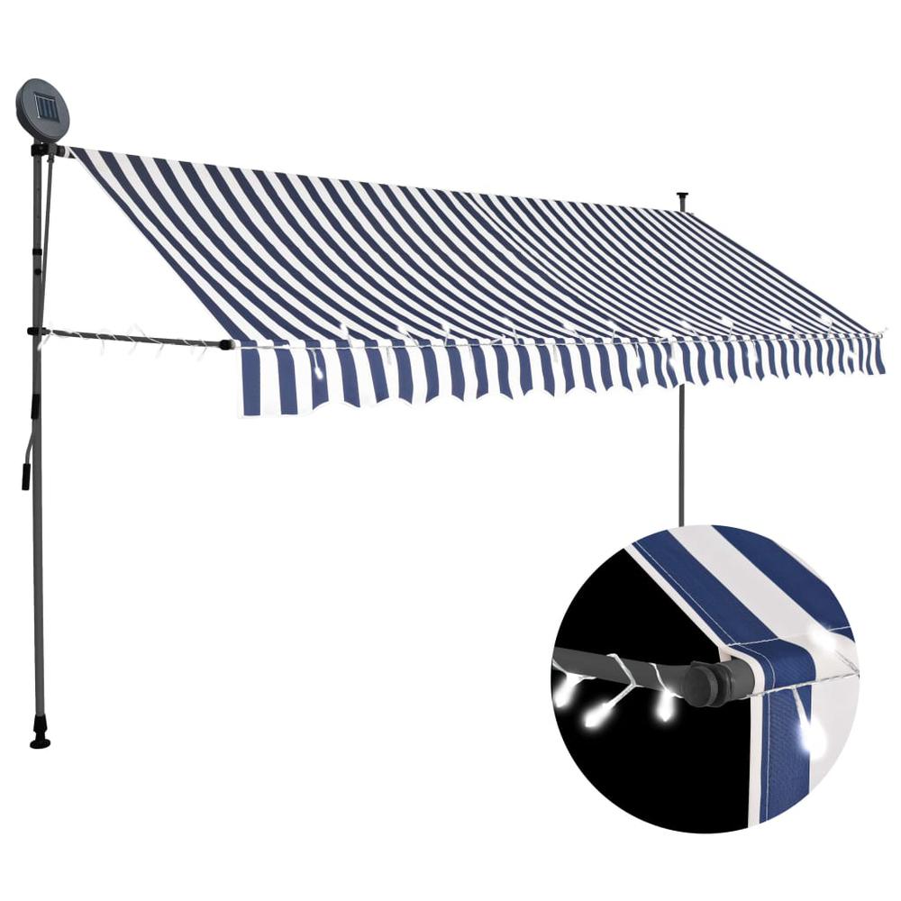 vidaXL Manual Retractable Awning with LED 157.5" Blue and White, 145847. Picture 1