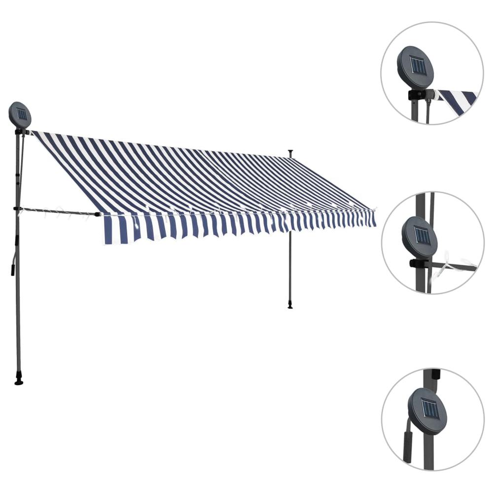 vidaXL Manual Retractable Awning with LED 157.5" Blue and White, 145847. Picture 3