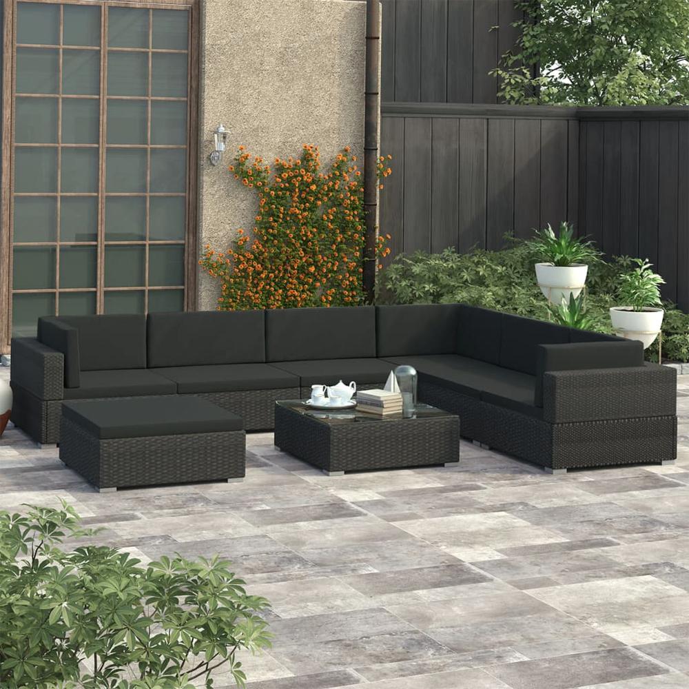 vidaXL 8 Piece Garden Lounge Set with Cushions Poly Rattan Black, 48268. Picture 1