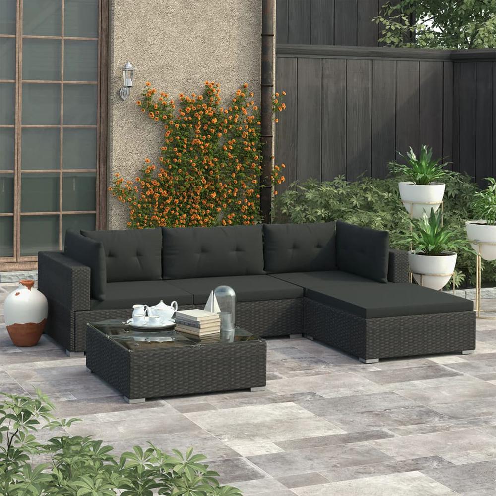 vidaXL 5 Piece Garden Lounge Set with Cushions Poly Rattan Black, 48271. Picture 1