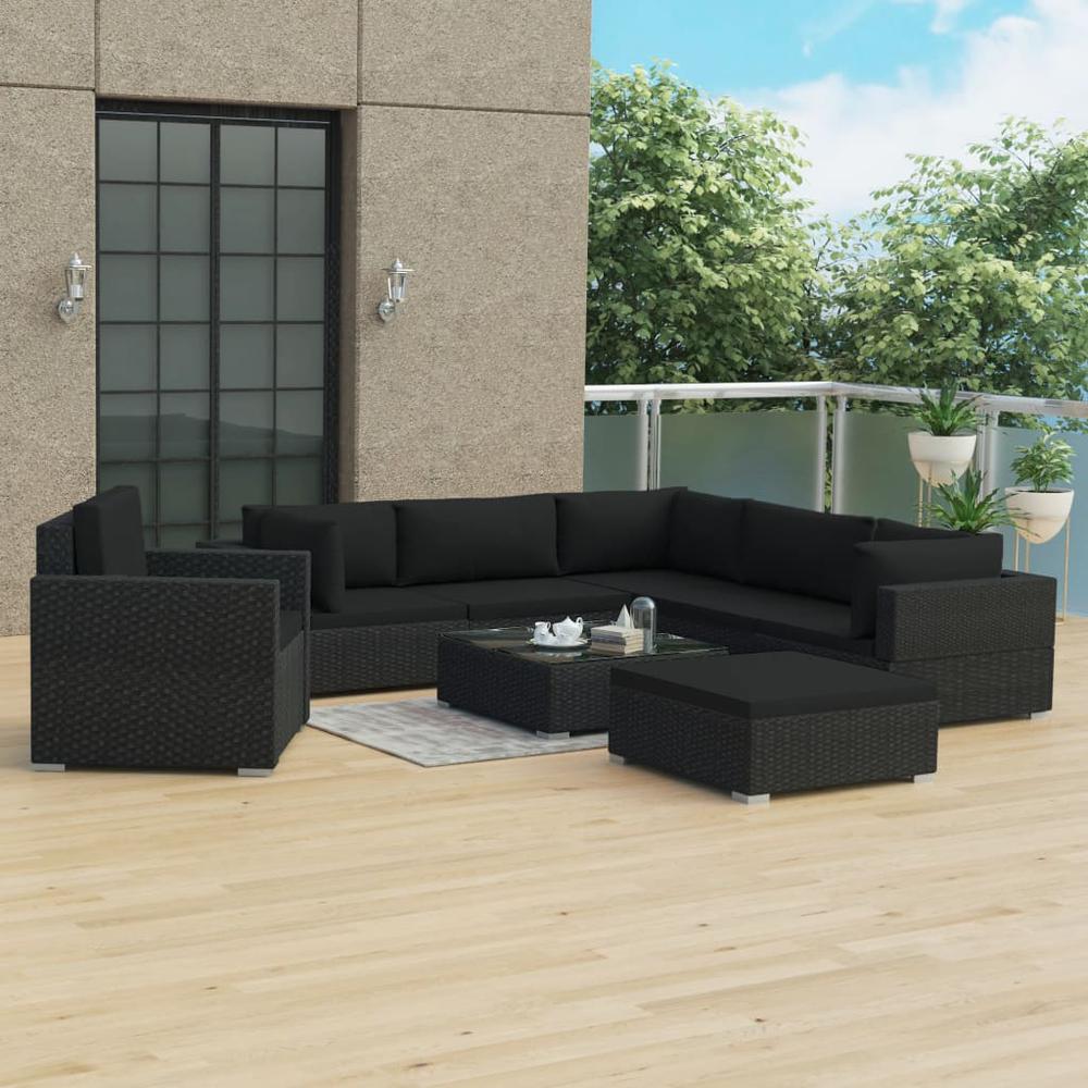 vidaXL 8 Piece Garden Lounge Set with Cushions Poly Rattan Black, 48279. Picture 1