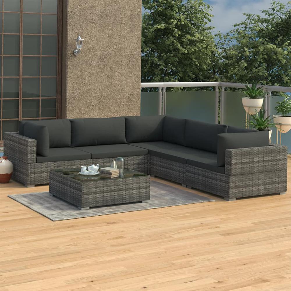 vidaXL 6 Piece Garden Lounge Set with Cushions Poly Rattan Gray, 48280. Picture 1