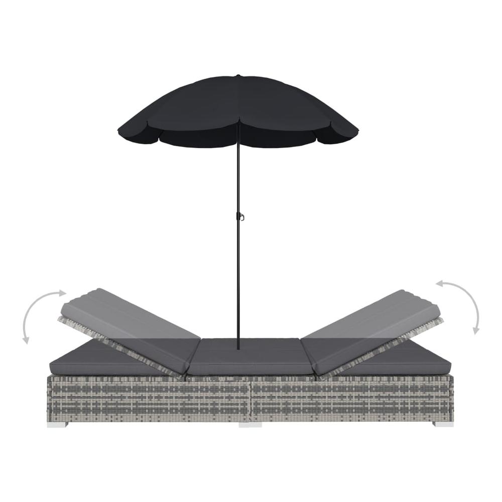 vidaXL Outdoor Lounge Bed with Umbrella Poly Rattan Gray, 48125. Picture 5