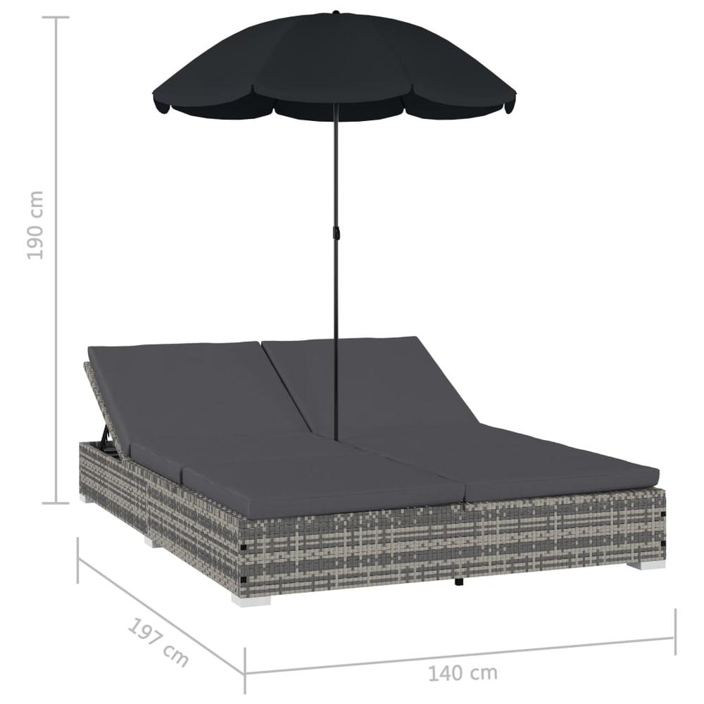 vidaXL Outdoor Lounge Bed with Umbrella Poly Rattan Gray, 48125. Picture 9