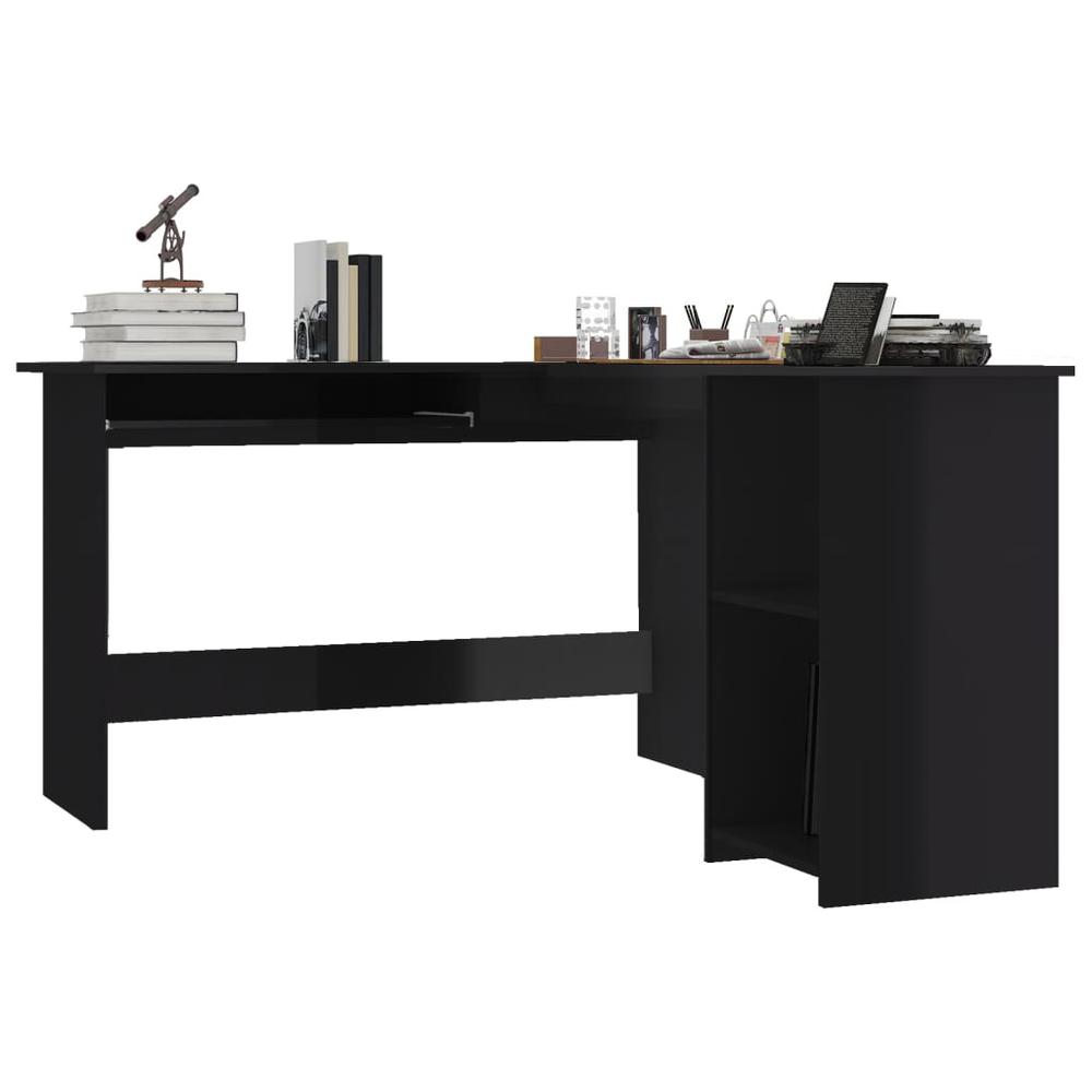 L-Shaped Corner Desk High Gloss Black 47.2" x 55.1" x 29.5" Engineered Wood. Picture 2