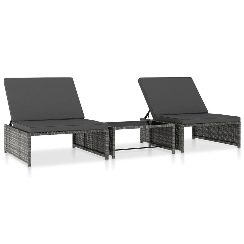 vidaXL Sun Loungers 2 pcs with Table Poly Rattan Gray, 47401. Picture 1