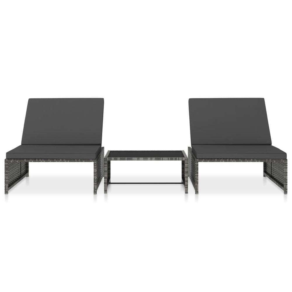 vidaXL Sun Loungers 2 pcs with Table Poly Rattan Gray, 47401. Picture 2
