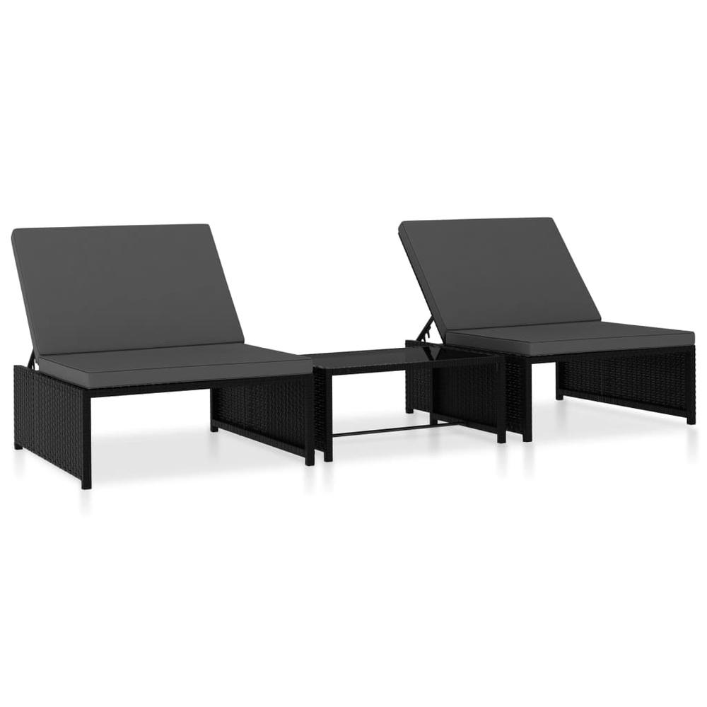 vidaXL Sun Loungers 2 pcs with Table Poly Rattan Black, 47402. Picture 1