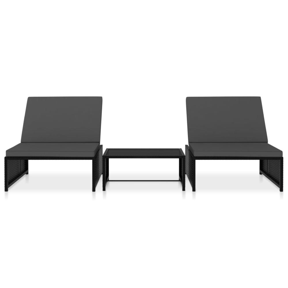 vidaXL Sun Loungers 2 pcs with Table Poly Rattan Black, 47402. Picture 2