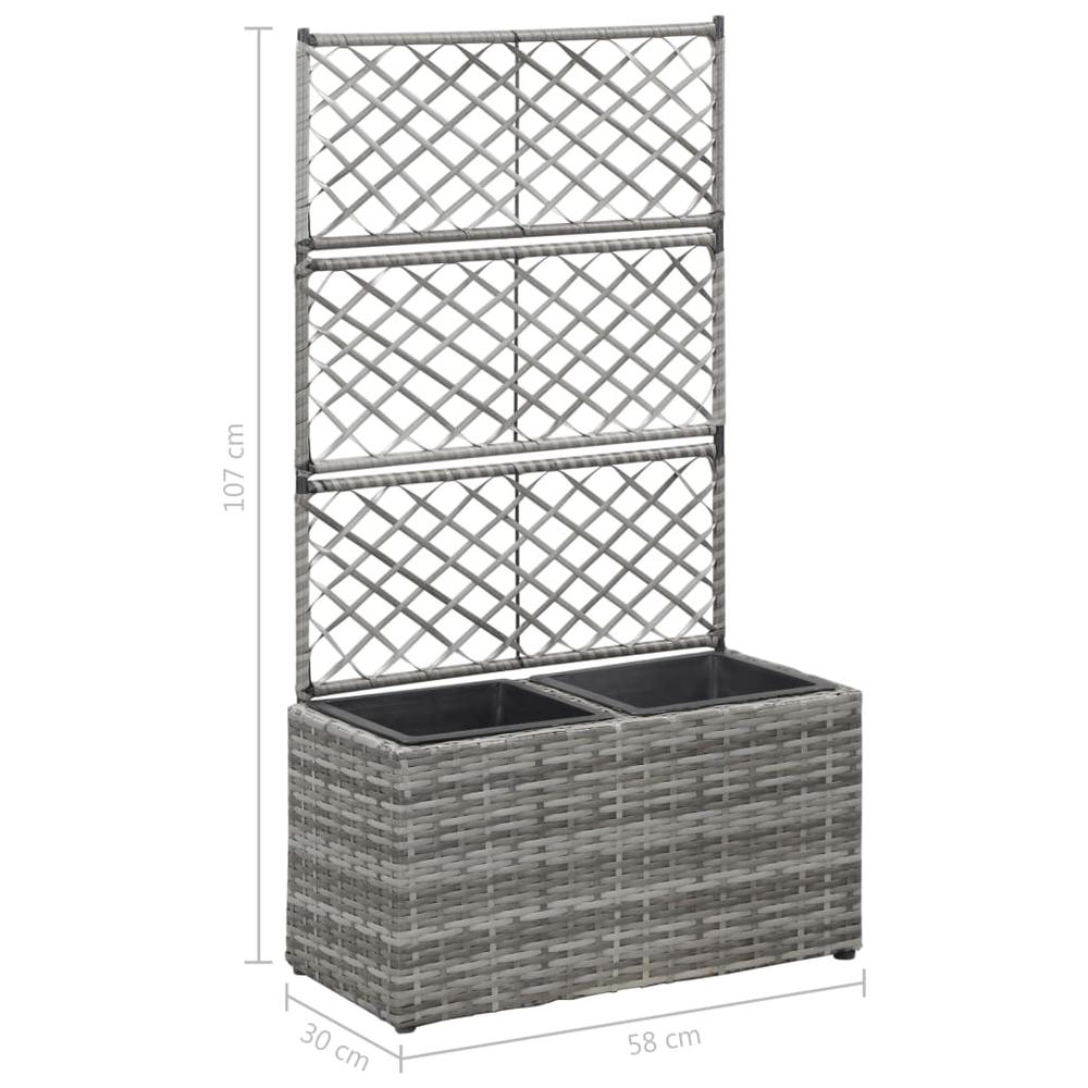 vidaXL Trellis Raised Bed with 2 Pots 22.8" x 11.8" x 42.1" Poly Rattan Gray. Picture 7