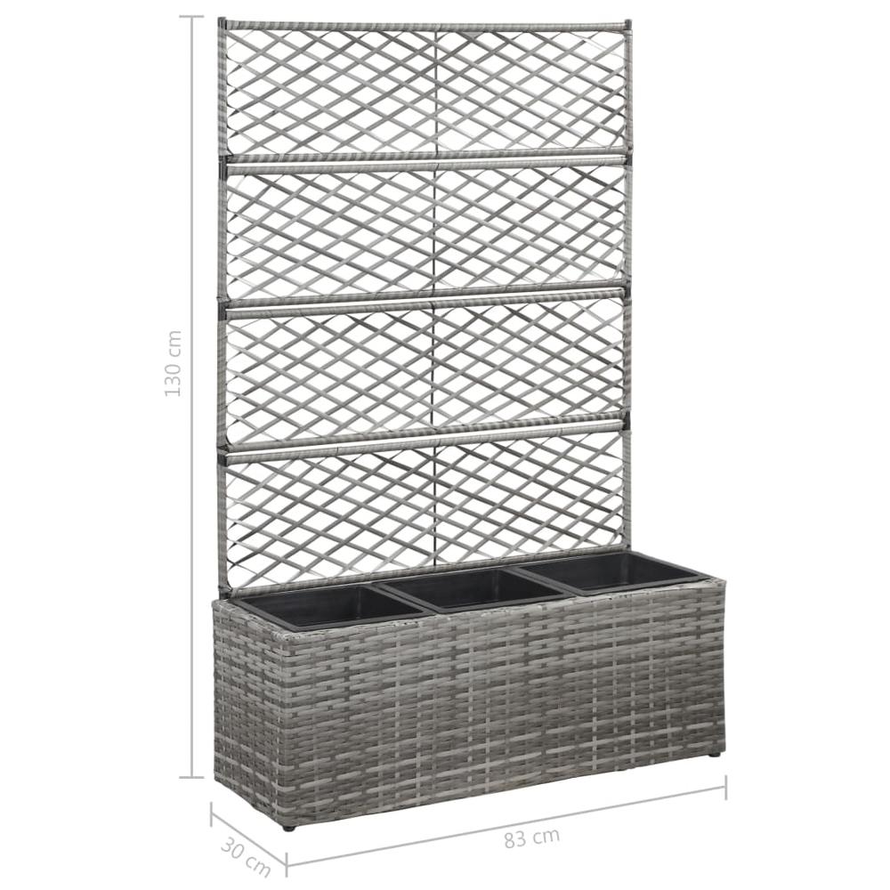 vidaXL Trellis Raised Bed with 3 Pots 32.7"x11.8"x51.2" Poly Rattan Gray. Picture 7