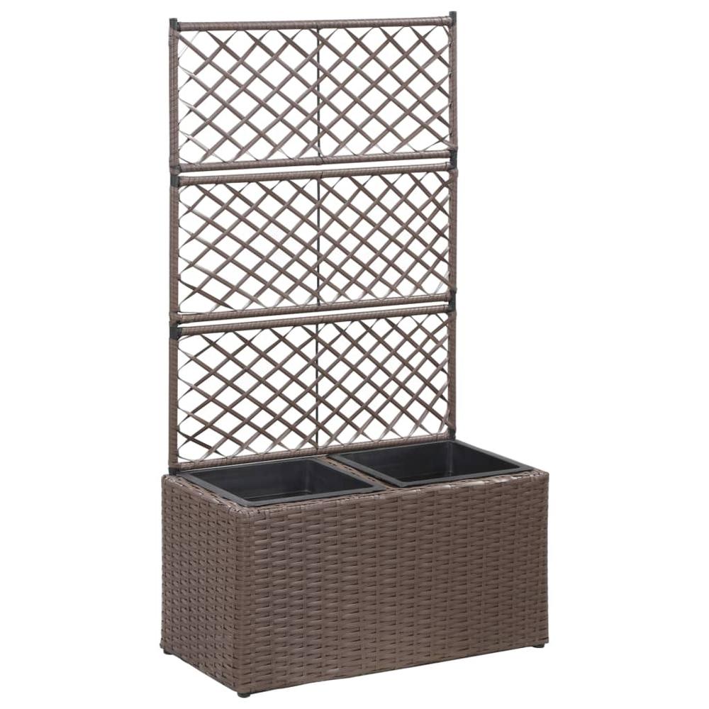 vidaXL Trellis Raised Bed with 2 Pots 22.8"x11.8"x42.1" Poly Rattan Brown, 46937. Picture 1