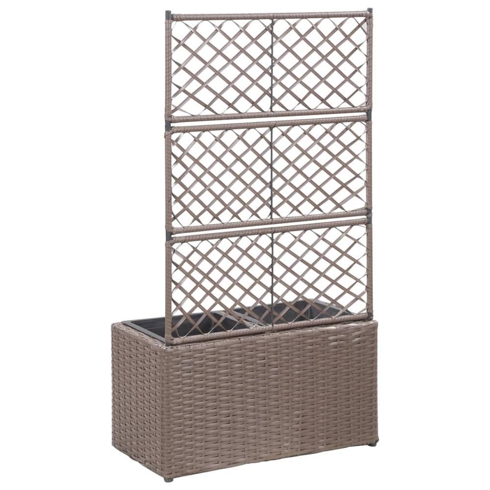 vidaXL Trellis Raised Bed with 2 Pots 22.8"x11.8"x42.1" Poly Rattan Brown, 46937. Picture 3