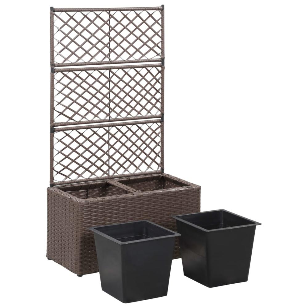 vidaXL Trellis Raised Bed with 2 Pots 22.8"x11.8"x42.1" Poly Rattan Brown, 46937. Picture 4