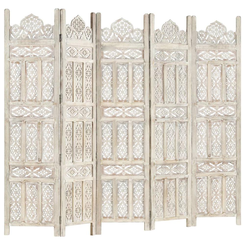 vidaXL Hand carved 5-Panel Room Divider White 78.7"x65" Solid Mango Wood, 285320. Picture 5