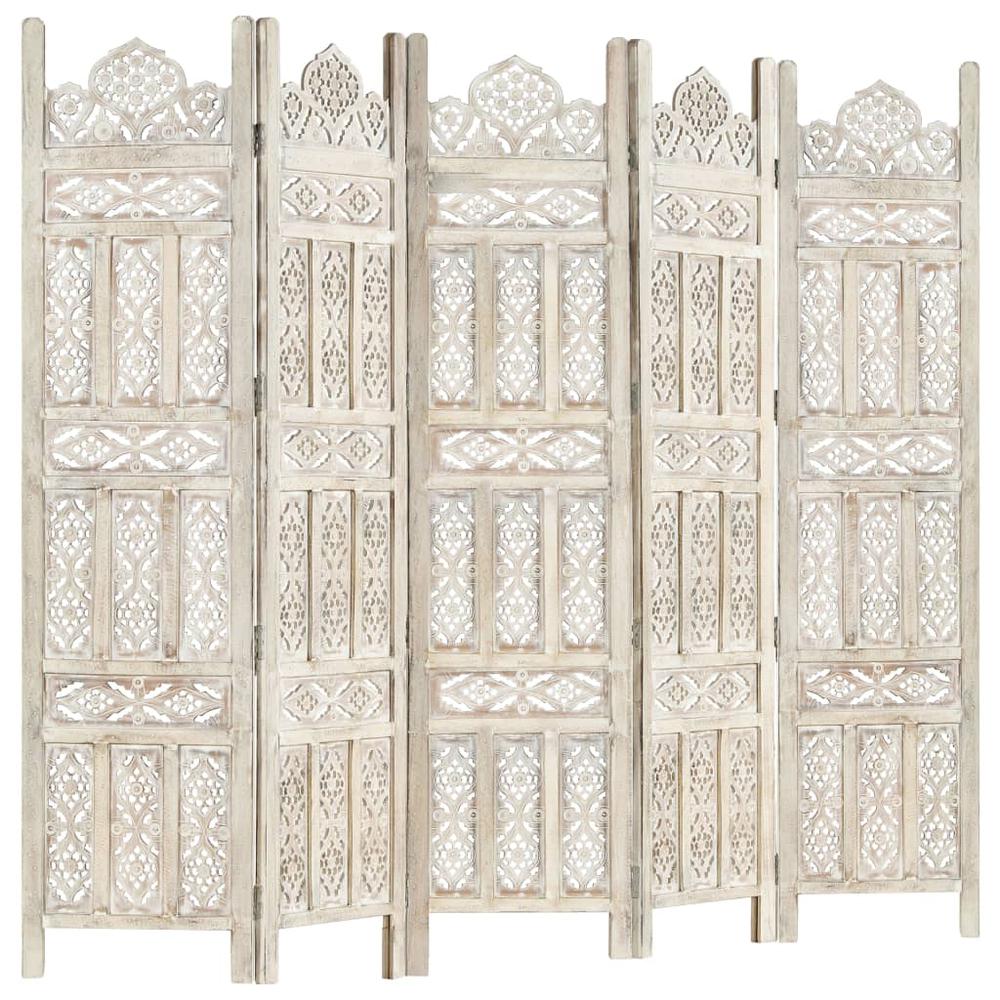vidaXL Hand carved 5-Panel Room Divider White 78.7"x65" Solid Mango Wood, 285320. Picture 6