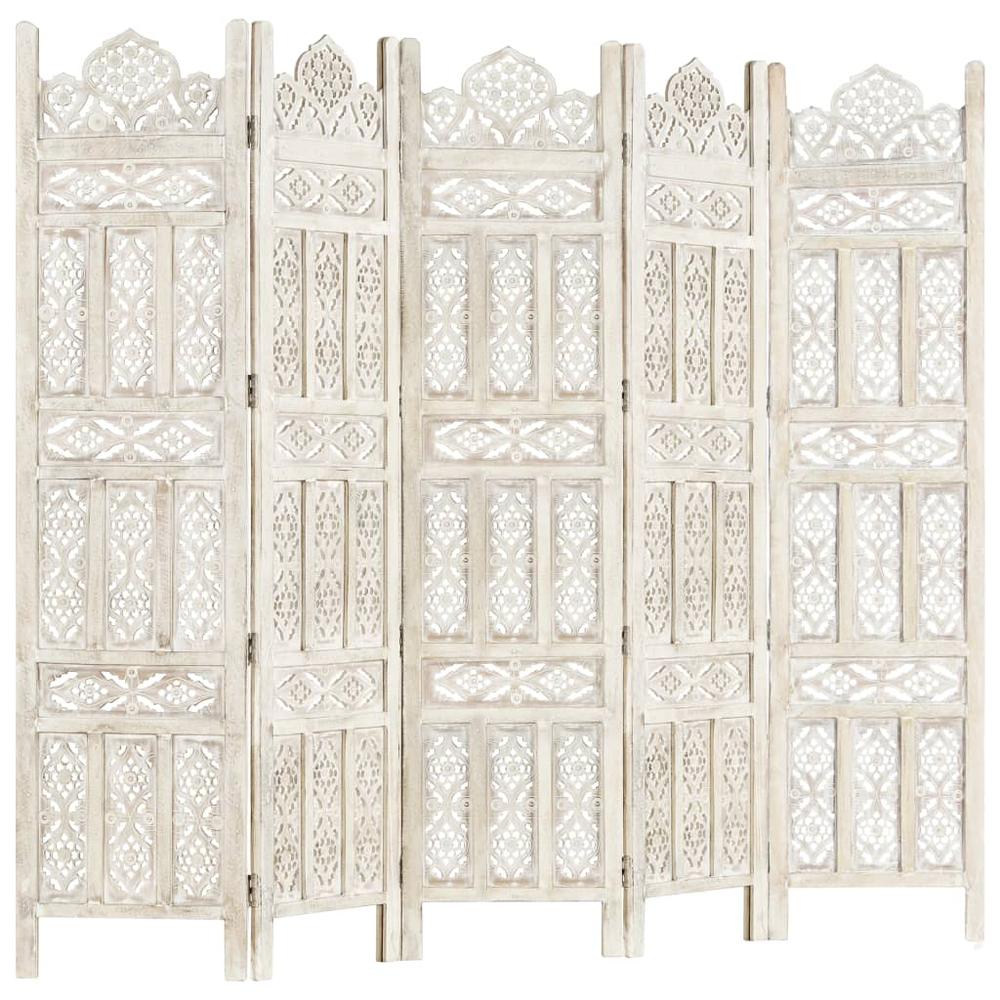 vidaXL Hand carved 5-Panel Room Divider White 78.7"x65" Solid Mango Wood, 285320. Picture 7