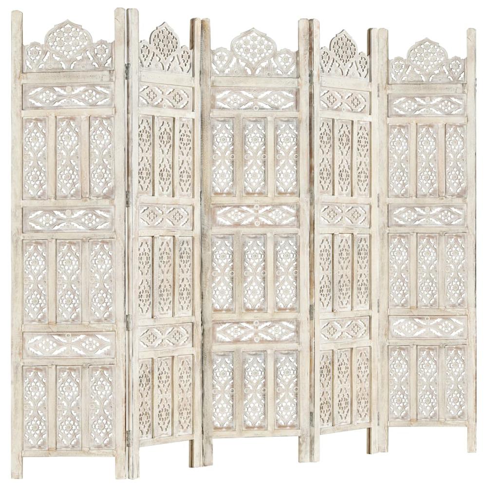 vidaXL Hand carved 5-Panel Room Divider White 78.7"x65" Solid Mango Wood, 285320. Picture 8