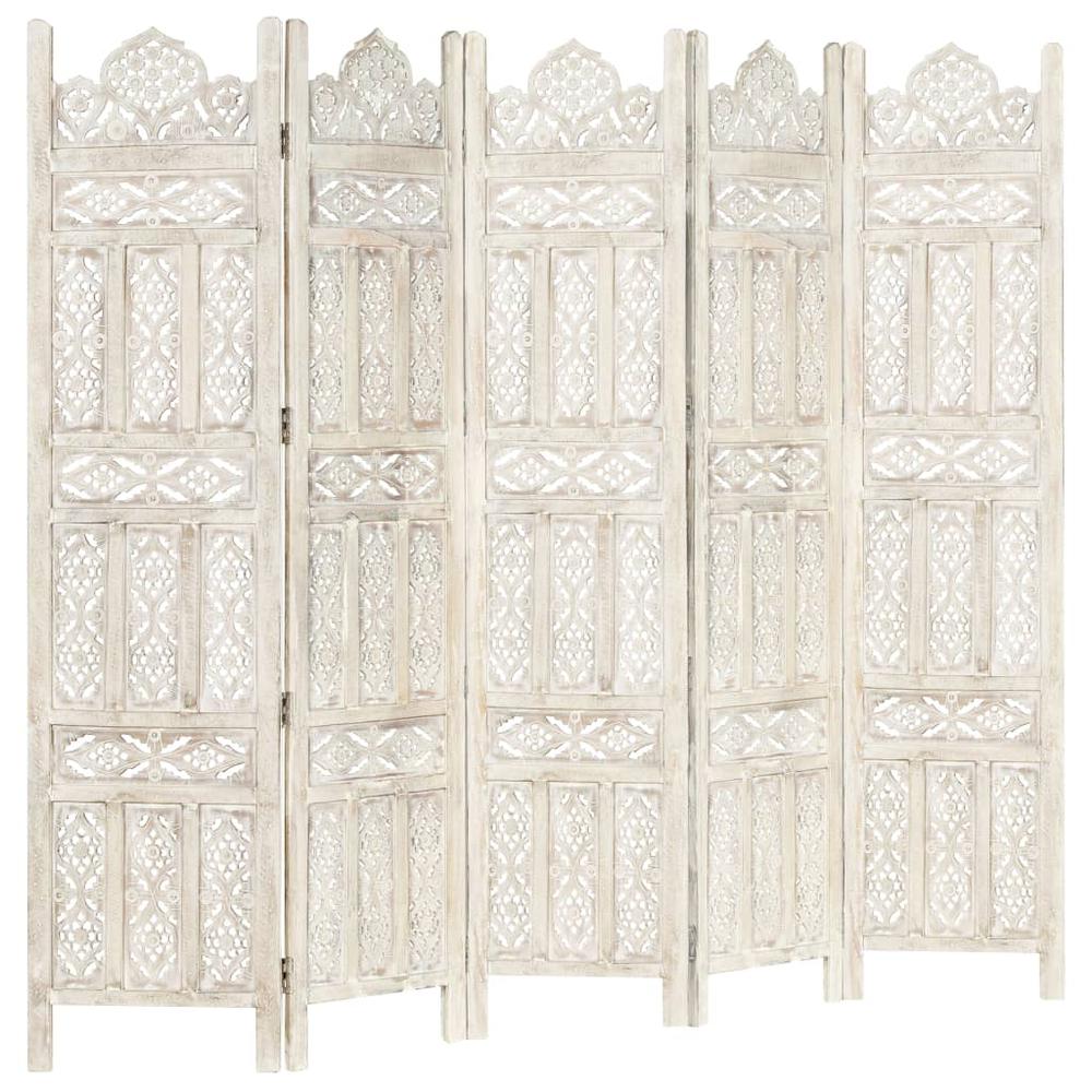 vidaXL Hand carved 5-Panel Room Divider White 78.7"x65" Solid Mango Wood, 285320. Picture 9