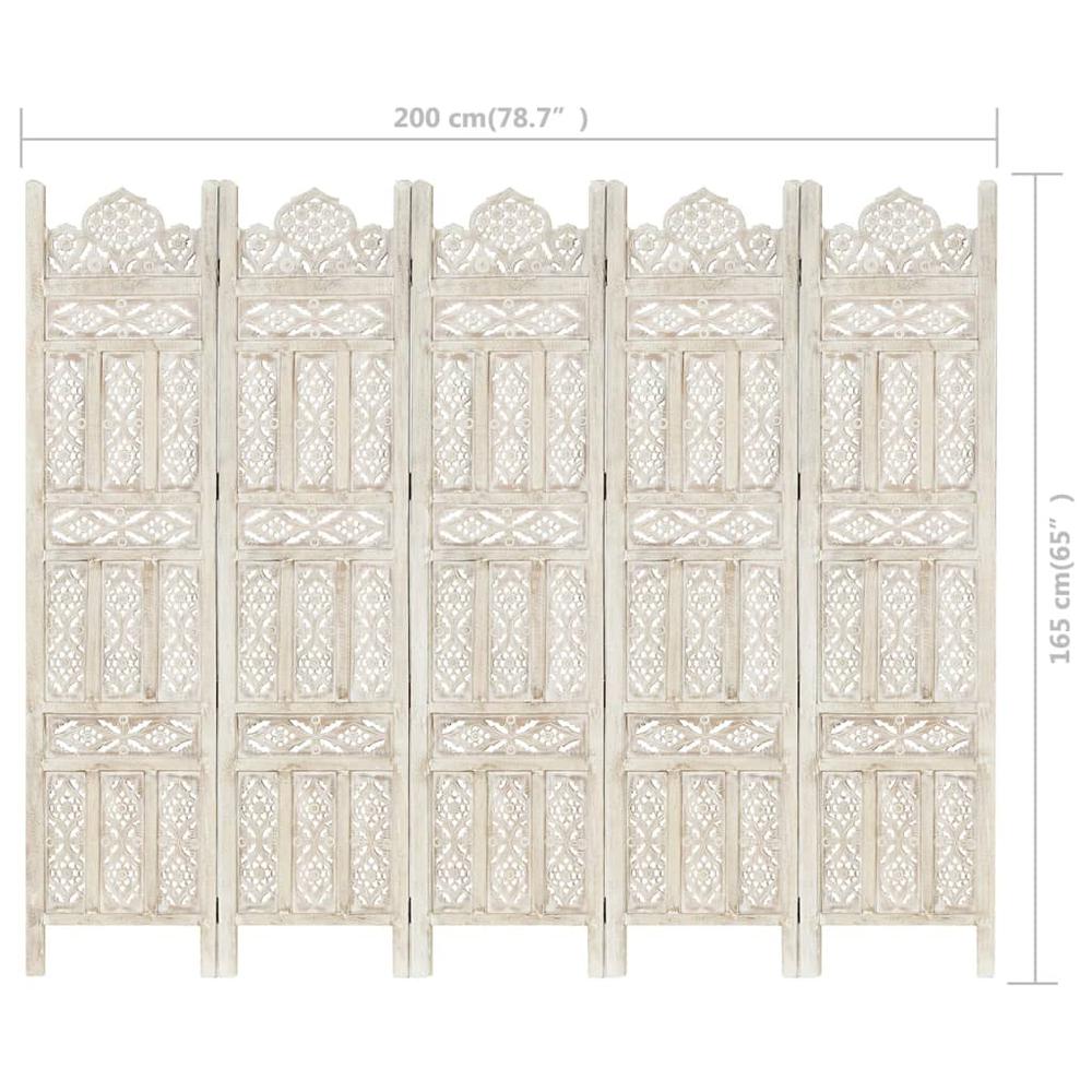 vidaXL Hand carved 5-Panel Room Divider White 78.7"x65" Solid Mango Wood, 285320. Picture 10