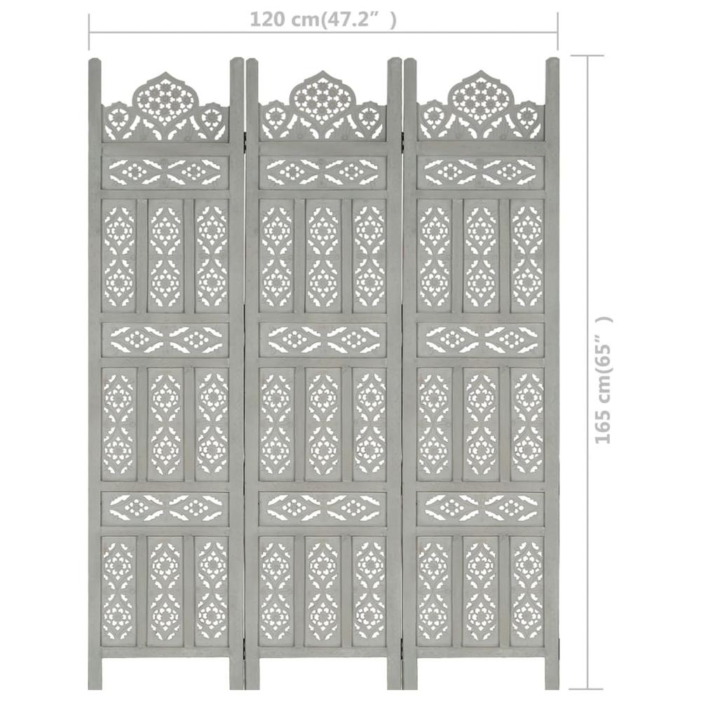 vidaXL Hand carved 3-Panel Room Divider Gray 47.2"x65" Solid Mango Wood, 285321. Picture 7