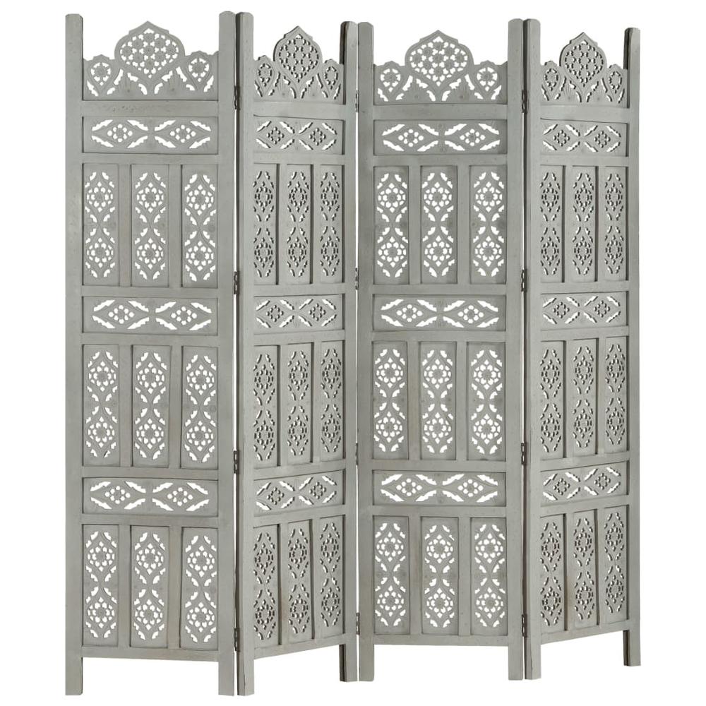 vidaXL Hand carved 4-Panel Room Divider Gray 63"x65" Solid Mango Wood, 285322. Picture 6