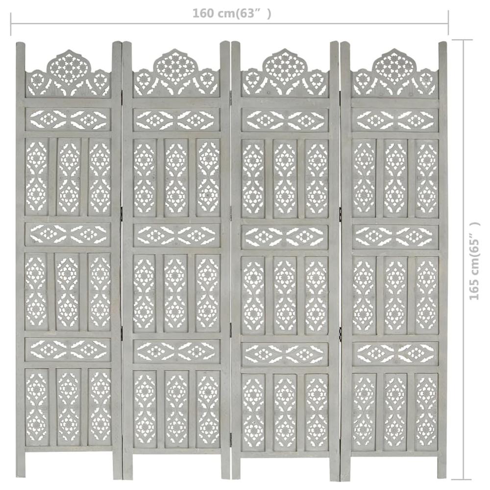 vidaXL Hand carved 4-Panel Room Divider Gray 63"x65" Solid Mango Wood, 285322. Picture 7