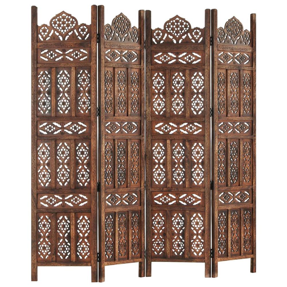 vidaXL Hand carved 4-Panel Room Divider Brown 63"x65" Solid Mango Wood, 285325. Picture 5