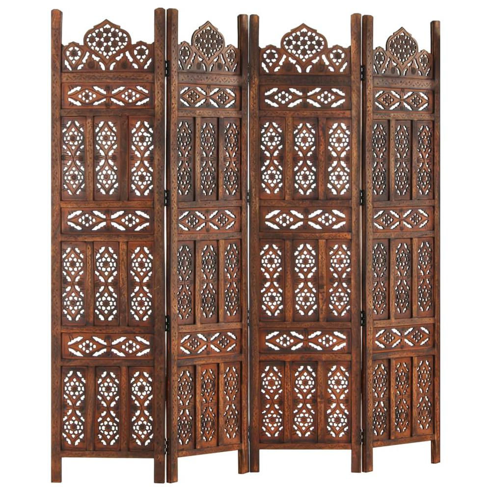 vidaXL Hand carved 4-Panel Room Divider Brown 63"x65" Solid Mango Wood, 285325. Picture 6