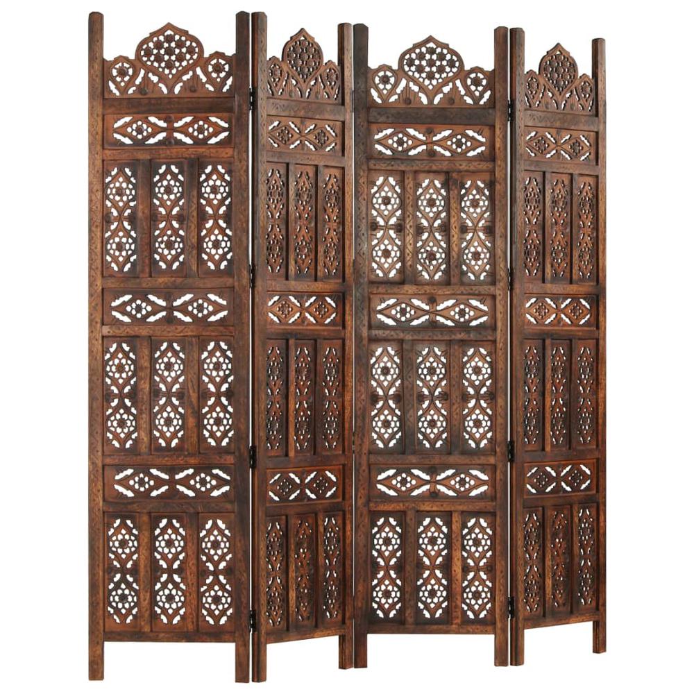 vidaXL Hand carved 4-Panel Room Divider Brown 63"x65" Solid Mango Wood, 285325. Picture 7