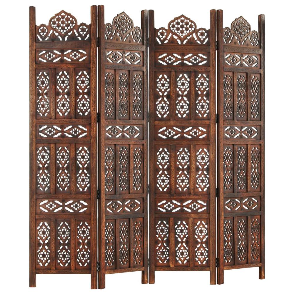 vidaXL Hand carved 4-Panel Room Divider Brown 63"x65" Solid Mango Wood, 285325. Picture 9