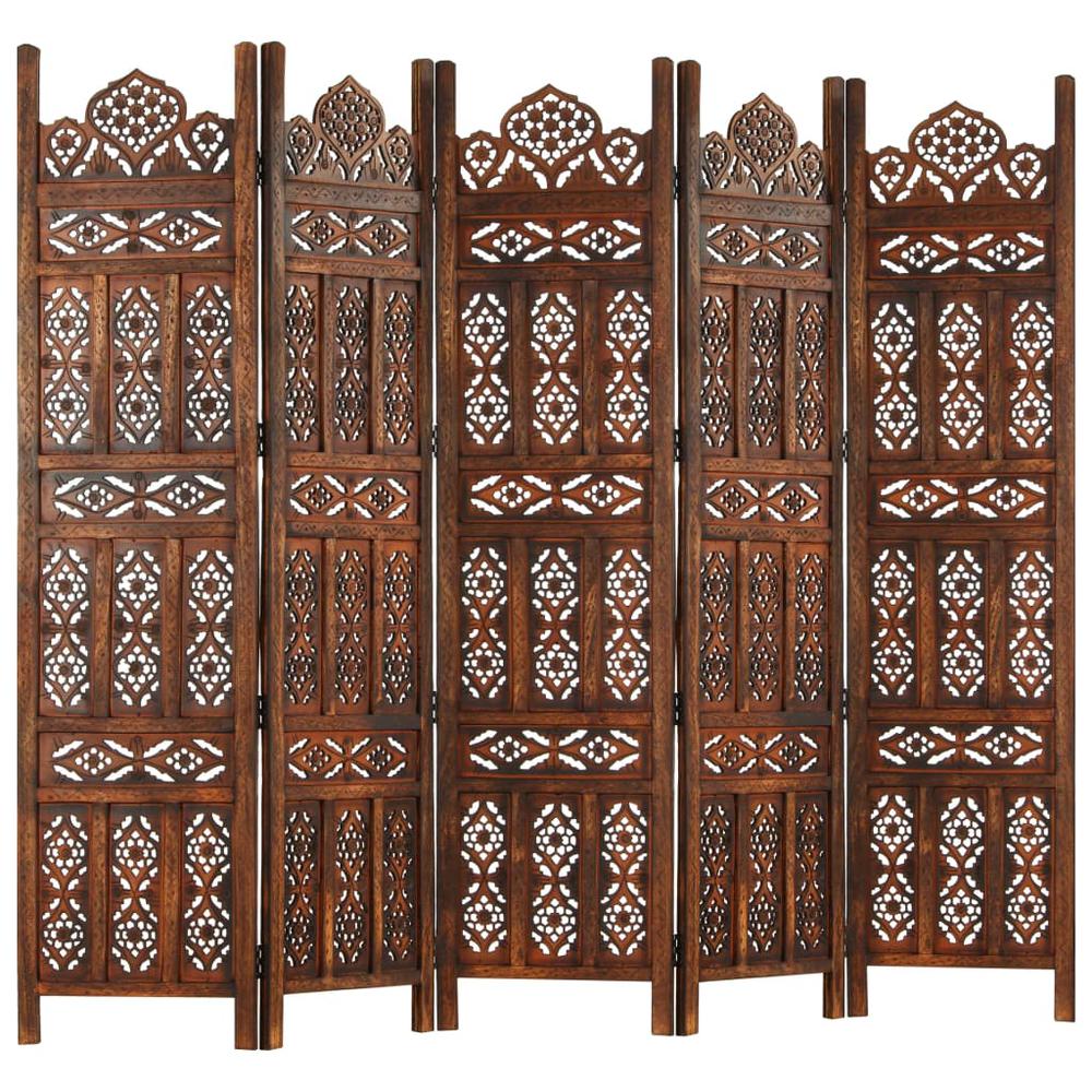 vidaXL Hand carved 5-Panel Room Divider Brown 78.7"x65" Solid Mango Wood, 285326. Picture 5