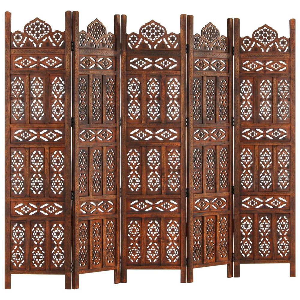 vidaXL Hand carved 5-Panel Room Divider Brown 78.7"x65" Solid Mango Wood, 285326. Picture 6