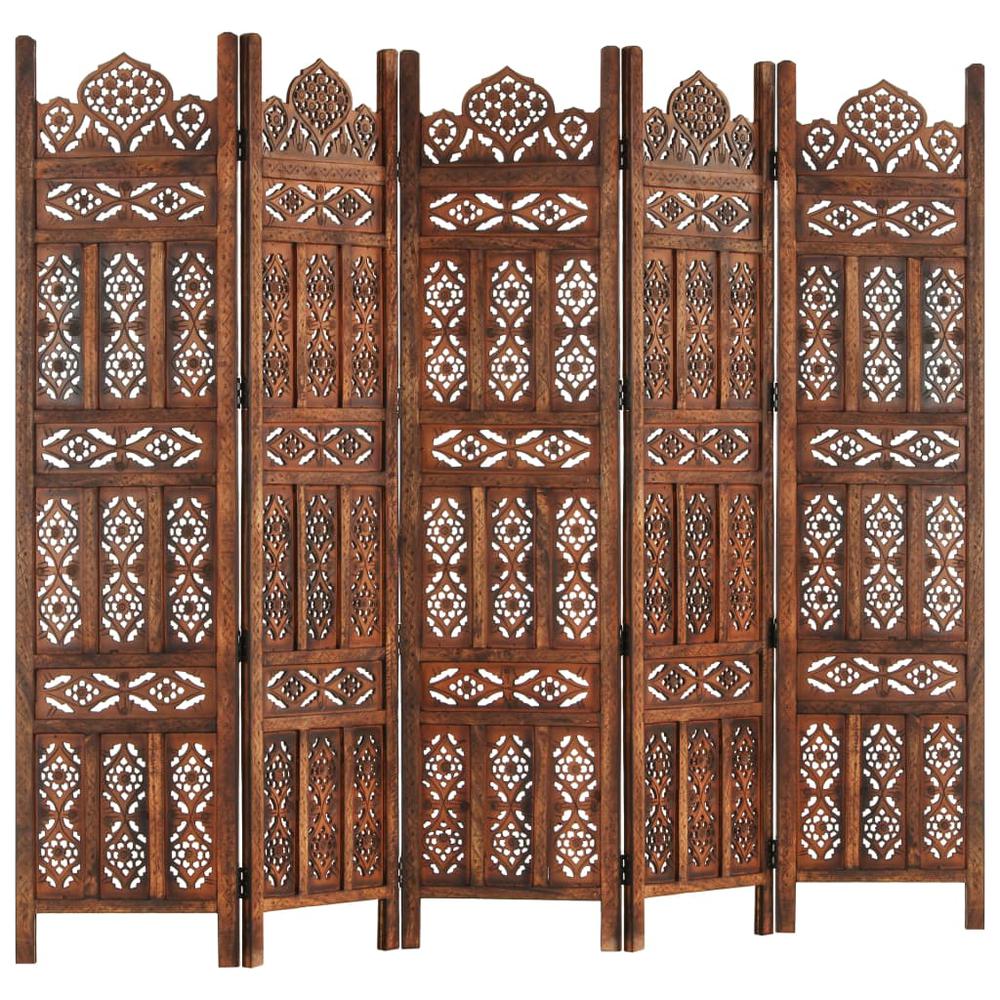 vidaXL Hand carved 5-Panel Room Divider Brown 78.7"x65" Solid Mango Wood, 285326. Picture 7