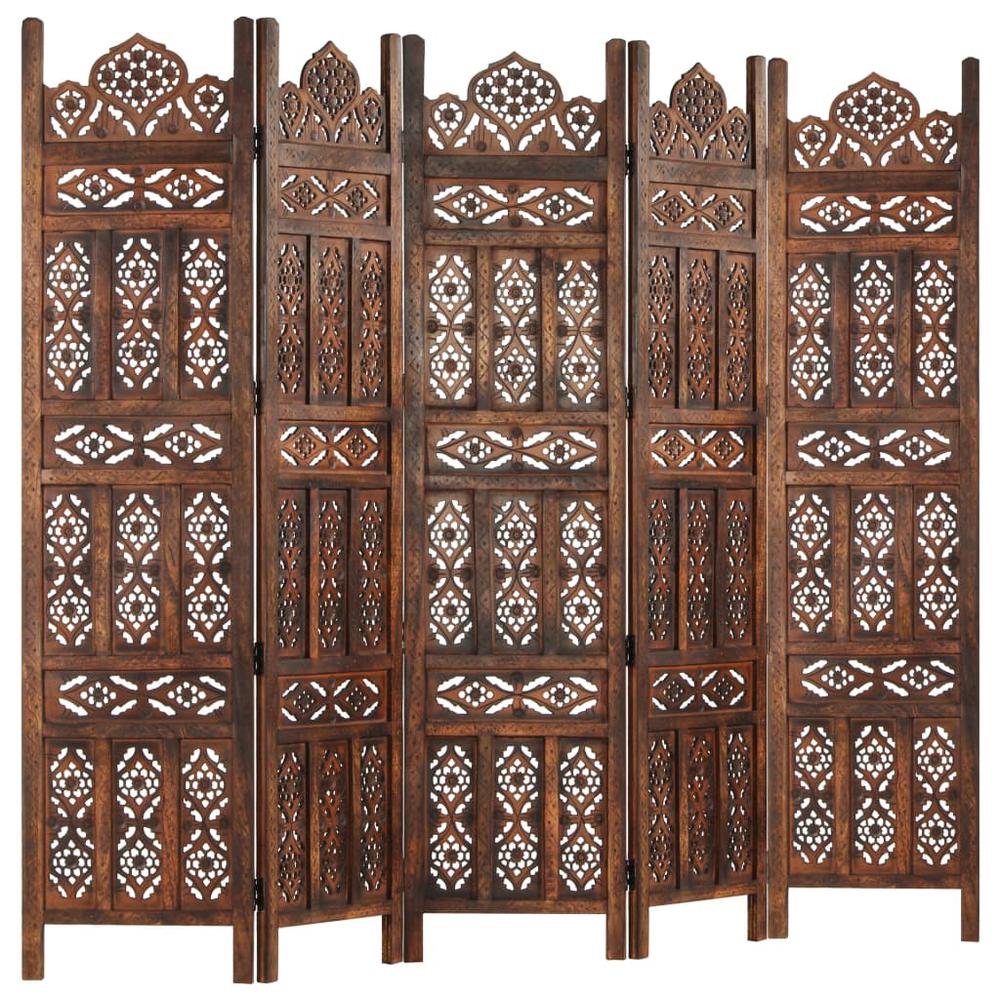 vidaXL Hand carved 5-Panel Room Divider Brown 78.7"x65" Solid Mango Wood, 285326. Picture 8